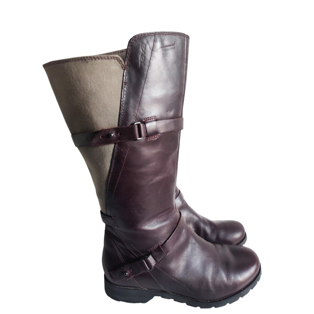 Teva Tall Riding Boots 7 De La Vina Burgundy Waterproof Leather Canvas 1005937